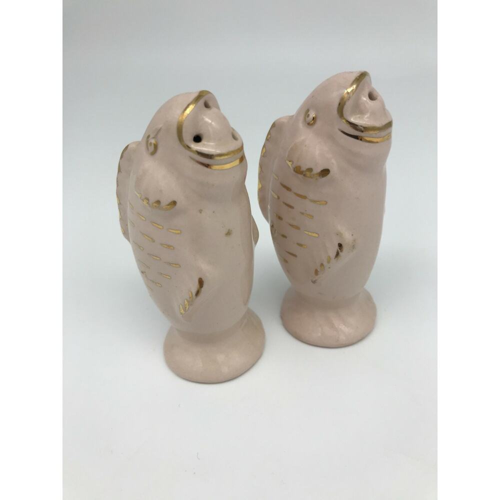 Salt and Pepper Shaker Set Fish Pink with Gold Trim Vintage Made in England Rare - Picture 6 of 11